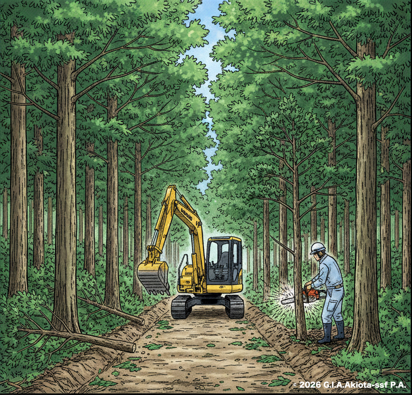 ② 自伐型林業で壊れない作業道をつくりながら成長の悪い木を伐る様子