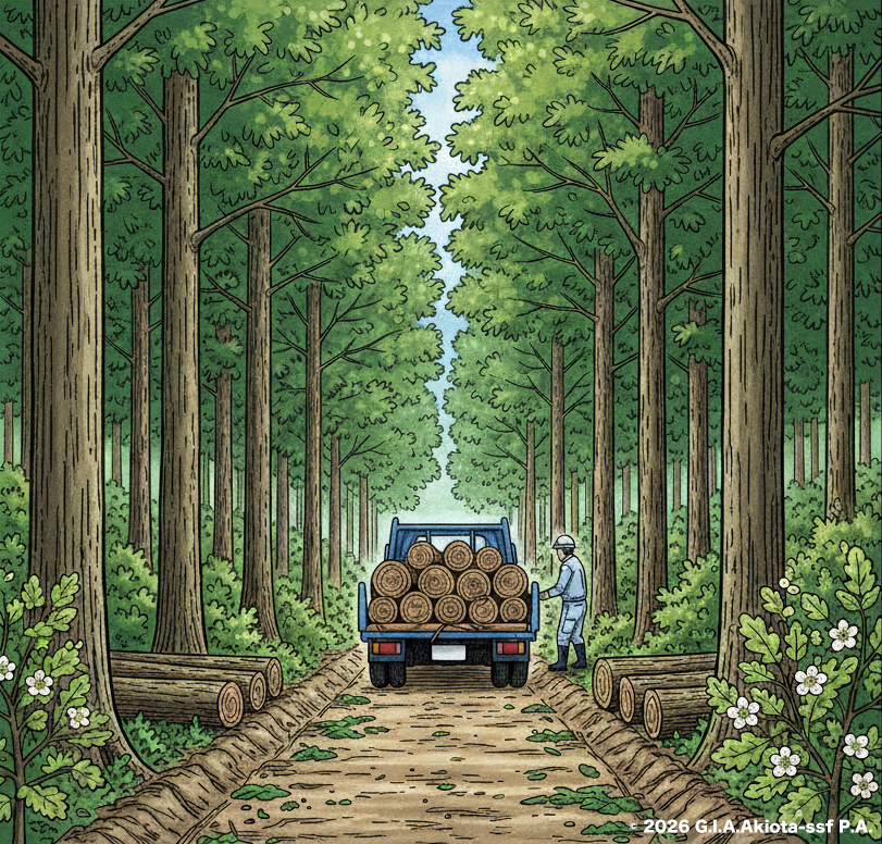 ③ 間伐した木材をトラックで出荷する様子