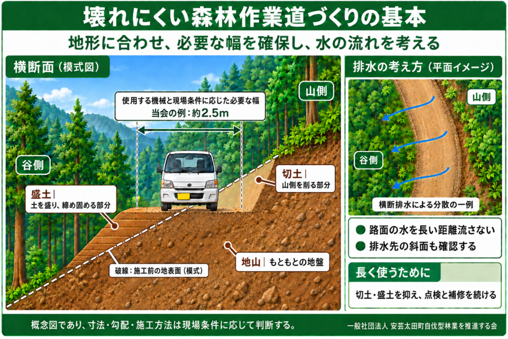 森林作業道の基本構造図。施工前の地表面を破線で示し、山側の切土と谷側の盛土、その下の地山を区別。右の平面図は、路面の水を複数箇所から谷側へ分散して排水する考え方を示す。