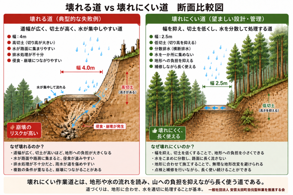 幅が広く切土が高く水が集中する道と、幅を抑え切土を低くして分散排水する壊れにくい森林作業道の断面比較図