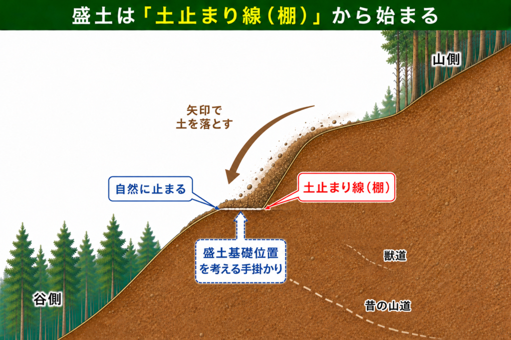 斜面に土を落としたとき自然に土が止まる土止まり線と、獣道や昔の山道との位置関係を示した図