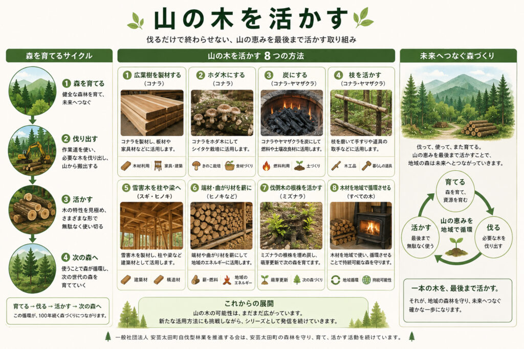 図解：山の木を8つの方法で活かし、育てる・伐る・活かすを地域で循環させる森づくり