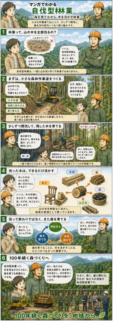 マンガでわかる自伐型林業。小さな作業道をつくり、少しずつ間伐し、伐った木を活かしながら森を育てる流れ