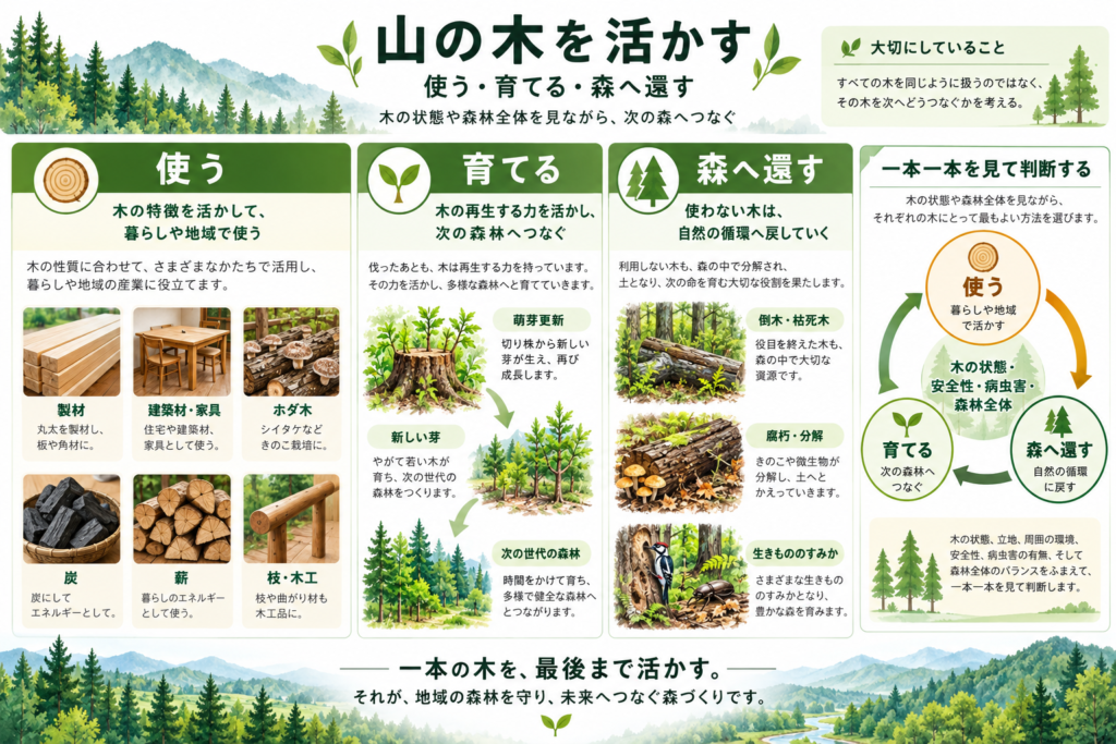 図解:山の木を活かす考え方。木を使う、育てる、森へ還すという3つの視点と、木の状態や安全性、病虫害、森林全体を見て判断する考え方を示す