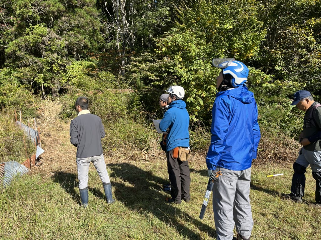 森林作業道の踏査前に、施業予定地の入口で山の地形を確認する参加者