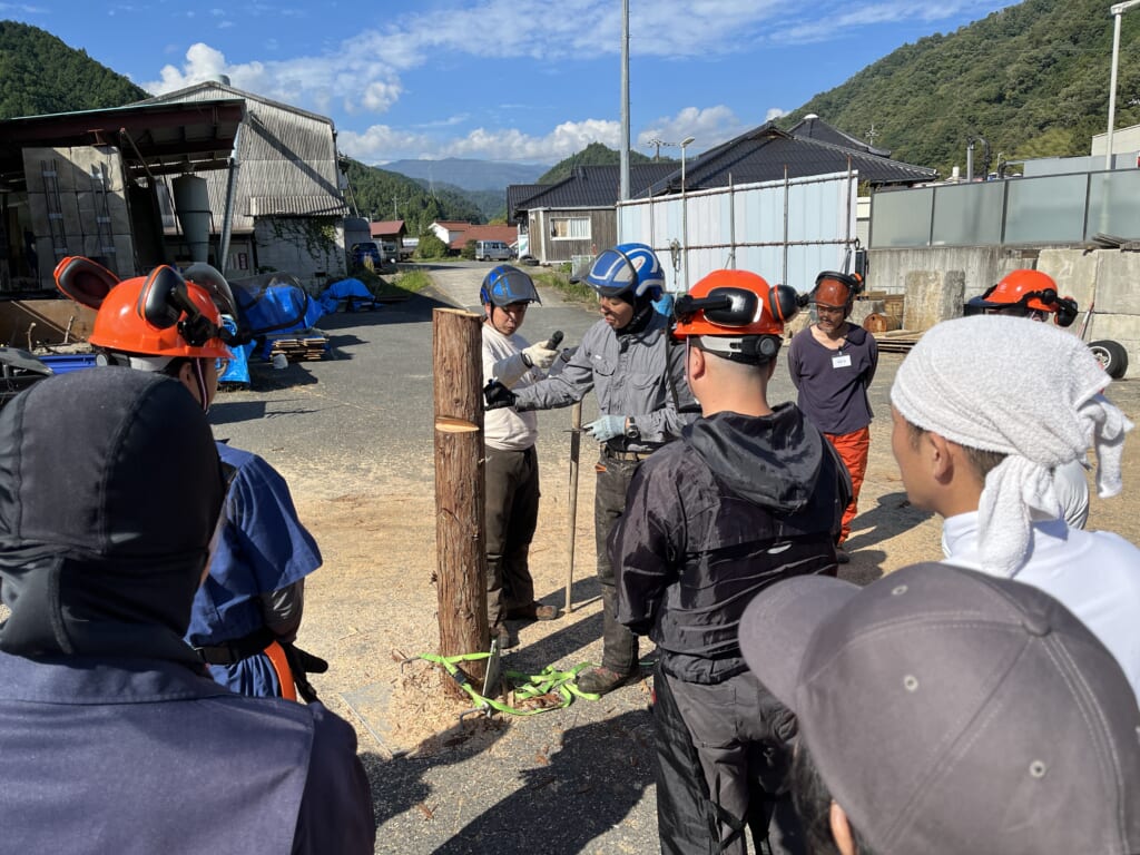 立てた丸太の受け口と追い口について説明する講師と受講者
